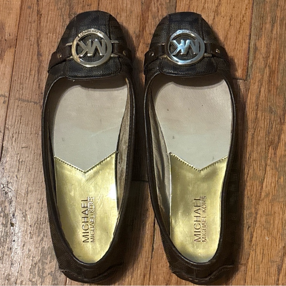 Michael Kors Brown Signature Logo Ballet Flats with Gold Medallion